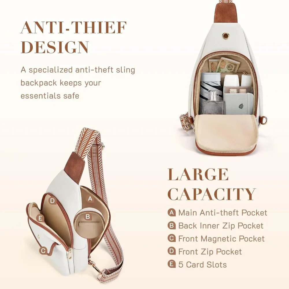 New Large Beige PU Leather Sling Bag Anti-theft Crossbody Travel Bag Purse - Picture 3 of 6